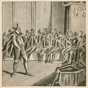 El rey Enrique III ingresa al parlamento y encuentra a los barones vestidos con armadura de English School