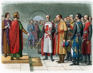 El rey Enrique III de Inglaterra frente a la Comisión de Barones dirigida por Simón V de Montfort, ilustración de "A Chronicle of England" de James Doyle.
