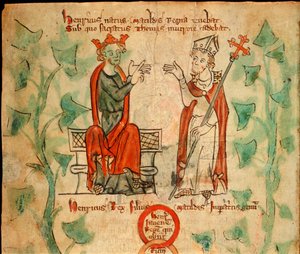 El rey Enrique II sentado en el trono, discutiendo con Thomas Becket, ilustración de la 