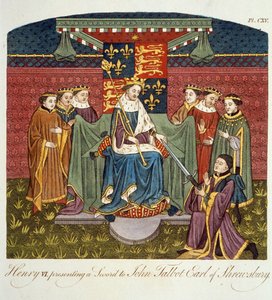 El rey Enrique VI (1421-71) presentando una espada a John Talbot (c.1388-1453) Conde de Shrewsbury, ilustración de The Complete View of the Dress and Habits of the People of England Volume II, publicado 17 de English School
