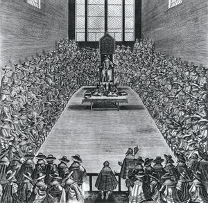 Rey Jacobo I (1566-1625) en las Casas del Parlamento, 1624 de English School