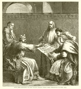 El Rey Juan negándose a firmar la Carta Magna cuando se le presentó por primera vez, 1215 de English School