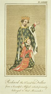 El rey Ricardo II (1367-1400) con su padre Eduardo (1330-76) el Príncipe Negro, ilustración de The Complete View of the Dress and Habits of the People of England Volume II, publicado 1799