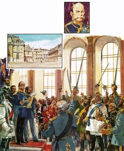 El rey Guillermo de Prusia anunciando el establecimiento de un Imperio Alemán unido en el palacio de Versalles