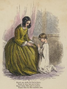 Arrodíllate mi hijo, porque Dios está aquí; Inclínate, con amor, pero no con miedo; Arrodíllate ante Él ahora en oración, Agradécele por Su constante cuidado (grabado coloreado)