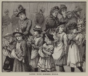 Cargados con despojos de verano: un grupo de niños de la ciudad después de un viaje de verano al campo (grabado)
