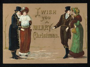 Damas y caballeros con sus ropas de invierno, tarjeta de felicitación de Navidad