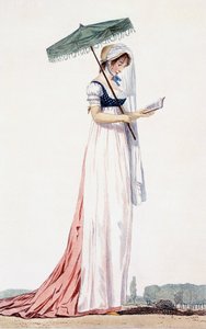 Vestido elegante de verano con parasol, 1770 (grabado en color) de English School