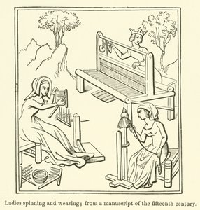 Damas hilando y tejiendo, de un manuscrito del siglo XV