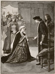 Lady Catherine Gordon ante Enrique VII, ilustración de Cassells Illustrated History of England de English School
