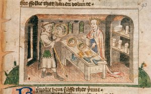 Lady Hagiography muestra a un peregrino su exhibición de ungüentos y artículos de tocador, ilustración de la traducción al inglés de la 