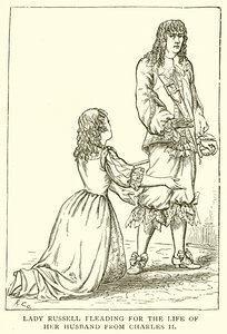 Lady Russell suplicando por la vida de su esposo a Carlos II de English School