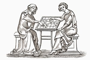 Dama y joven jugando a las damas, o al ajedrez, a principios del siglo XIV, de 