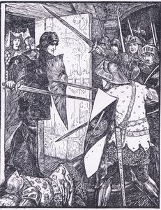 Lancelot sale de la habitación de Guenevere, ilustración de "The Book of Romance" publicado por Longmans Green and Co. de English School