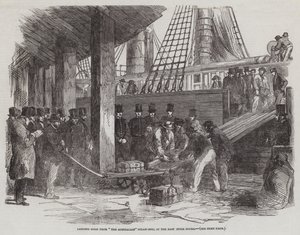 Descargando Oro del Barco de Vapor "El Australiano," en los Muelles de la India Oriental (grabado) de English School