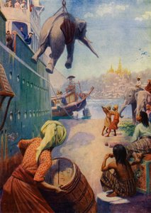 Desembarco de elefantes en Birmania (litografía en color)