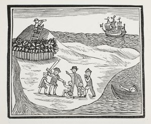 Desembarco de la tripulación amotinada en la isla, ilustración de Chap-books del siglo XVIII de John Ashton, pub. 1882 de English School