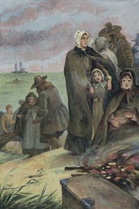 Desembarco de los Padres Peregrinos en América después de su viaje a bordo del Mayflower, 1620