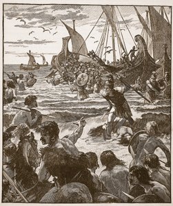 Desembarco de los romanos en la costa de Kent, ilustración de Cassells Illustrated History of England de English School