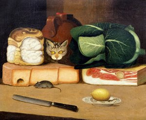 Bodegón con una despensa y un gato cazando un ratón, c.1840