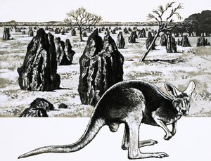 Grandes montículos de termitas cerca de Darwin, Australia, y un canguro en primer plano