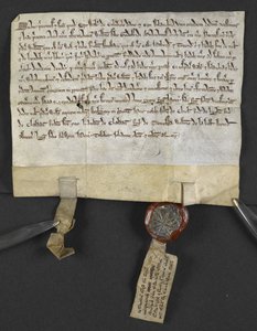Escritura latina con renuncia hebrea (adjunta al sello), de Jacob ben Aaron cediendo un terreno a William le Briel. Inglaterra