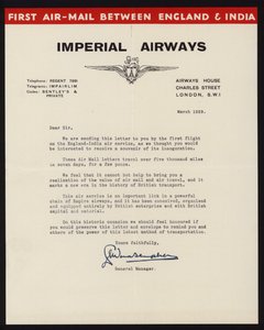 Lanzamiento del primer servicio de correo aéreo entre Inglaterra e India por Imperial Airways en marzo de 1929 de English School