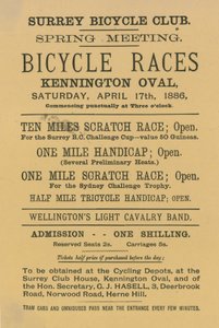 Folleto publicitario de carreras de bicicletas en Kennington Oval, 17 de abril de 1886