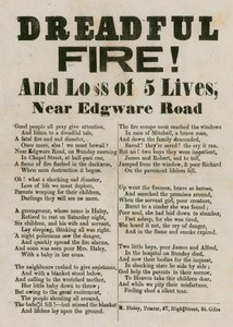 Folleto con verso relacionado con un incendio cerca de Edgware Road, Londres de English School