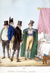 Sanguijuelas, señores, sanguijuelas: dibujo humorístico inglés sobre un médico seguro de sí mismo, con un enfermo de English School