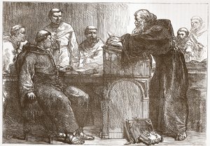 Lefevre dando una conferencia en la Sorbona, ilustración de La Historia del Protestantismo de James Aitken Wylie, pub. 1878
