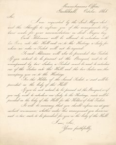 Carta detallando los arreglos para un banquete en el Guildhall, Londres, el 9 de noviembre de 1868