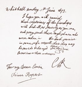 Carta de Carlos II al Príncipe Ruperto, 1 de junio de 1673 de English School
