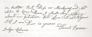 Carta de Daniel Boone al juez John Cobren, original fechado el 5 de octubre de 1809 de English School