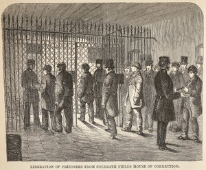 Liberación de prisioneros de la Casa de Corrección de Coldbath Fields, ilustración de Las prisiones criminales de Londres y escenas de la vida en prisión de Henry Mayhew y John Binny, pub. 1862 de English School