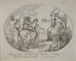 La libertad y la fama presentan el patriotismo femenino; Britannia y la duquesa de Devonshire (grabado) de English School