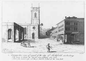 Lichfield, el lugar de nacimiento del Dr. Johnson (grabado) de English School
