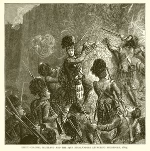 Teniente Coronel Maitland y los Highlanders 75 atacando Bhurtpore, 1805 de English School