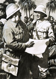 El teniente Downes y el artista Melton Prior con el dibujo de Prior del ataque a Minhla de English School