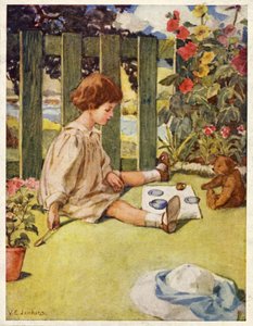 Niña jugando a tomar el té en el jardín con su oso de peluche (litografia de color)