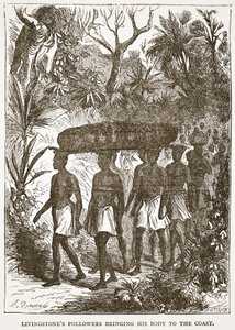 Los seguidores de Livingstone llevando su cuerpo a la costa, ilustración de The Pictorial Edition of the Life and Discoveries of David Livingstone por J. Ewing Richie, pub. por A. Fullarton & Co., 1876 de English School