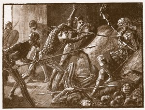 La última lucha de Llewelyn, ilustración de Cassells Illustrated History of England de English School