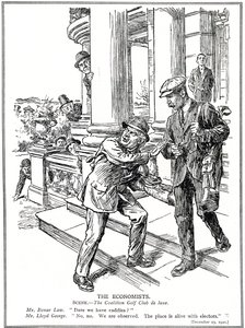 Lloyd George y Bonar Law en el Club de Golf de la Coalición, temerosos de la Liga Anti-Desperdicio, tienen que prescindir del lujo de los caddies. Diciembre de 1920