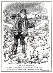 Lloyd George como el pastor de Gran Bretaña pide a los contribuyentes (ovejas) que lideren la recuperación de la economía, diciembre de 1920 de English School