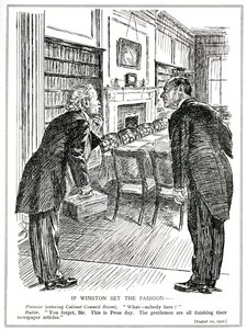 Lloyd George entra en una Sala de Gabinete vacía de ministros que están ocupados escribiendo artículos para los periódicos, agosto de 1920 de English School