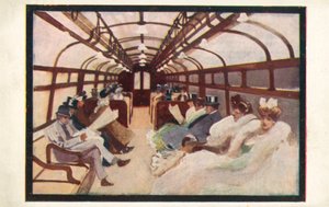 Pasajeros del metro de Londres en las líneas Bakerloo y Piccadilly (litografía en color)