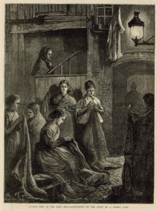 Vida en Londres en el East End - fabricación de sacos a la luz de una farola de English School