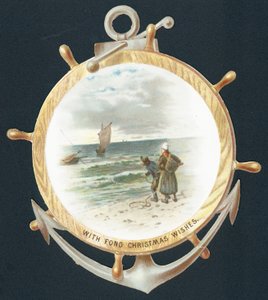 Mirando a través del timón de un barco, tarjeta de Navidad
