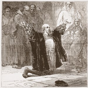 Lord Cobham ante los obispos, ilustración de La Historia del Protestantismo de James Aitken Wylie, pub. 1878 de English School