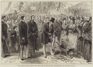 Lord Ernest Bruce inaugurando el primer césped del ferrocarril Swindon, Marlborough y Andover (grabado) de English School